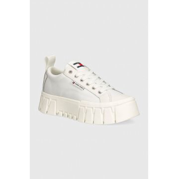 Tommy Jeans tenisi TJW VULC FLATFORM LC MIX MEDIA femei, culoarea alb, EN0EN02569