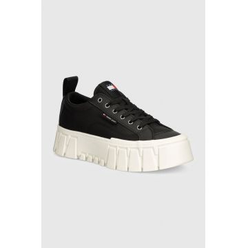 Tommy Jeans tenisi TJW VULC FLATFORM LC MIX MEDIA femei, culoarea negru, EN0EN02569