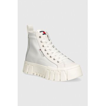 Tommy Jeans tenisi TJW VULC FLATFORM MC MIX MEDIA femei, culoarea alb, EN0EN02570